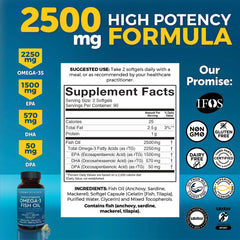 Label showing 1500 mg EPA, 570 mg DHA and 50 mg DPA per serving