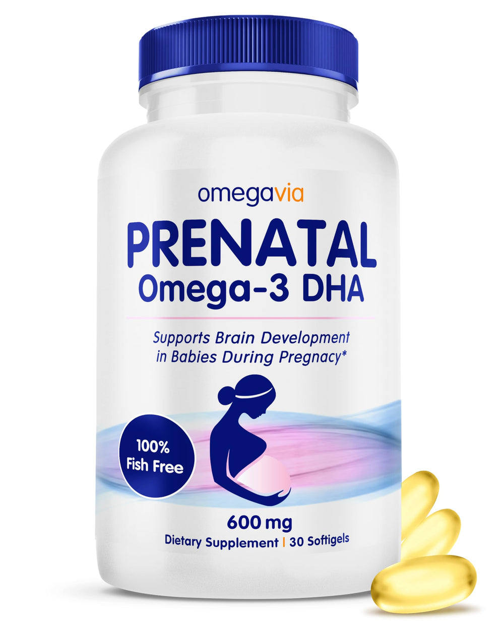 Front-facing OmegaVia Prenatal DHA 600mg bottle