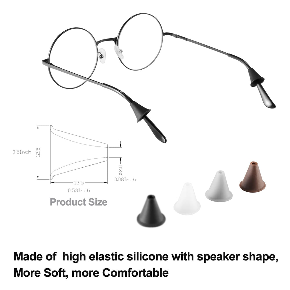 Cone-shaped eyewear temple retainers fitting glasses arms from 0.1 to 0.4 inches (width).