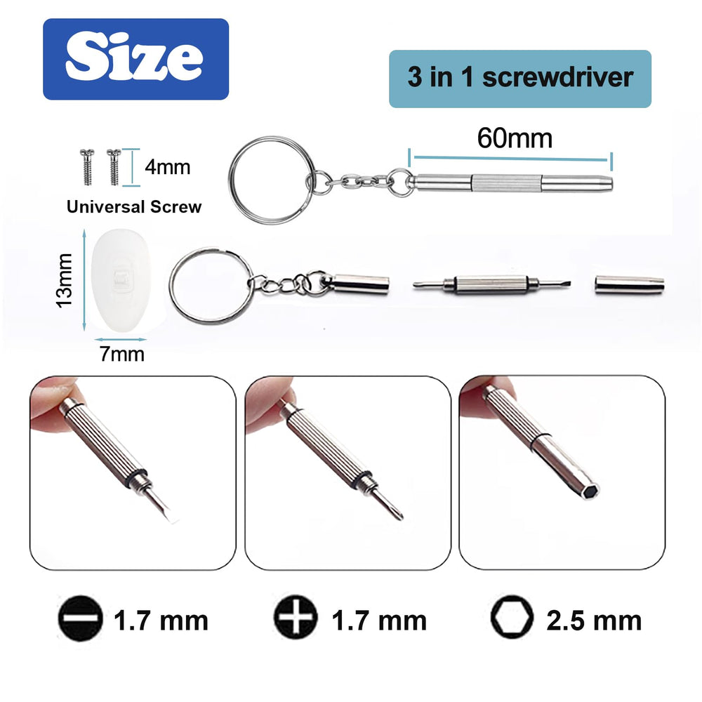 Glasses repair kit with screw-in nose pads being installed