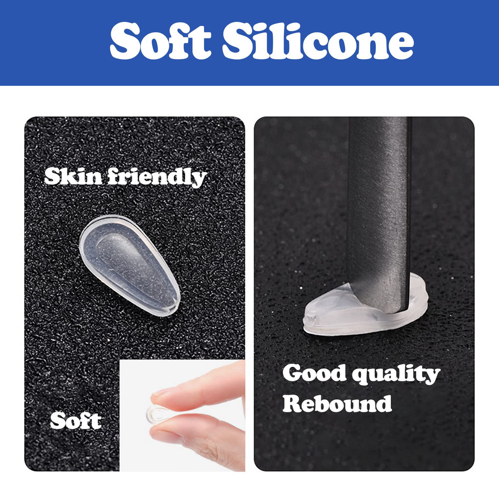 Clear nose pads attached to glasses frame showing anti-slip design