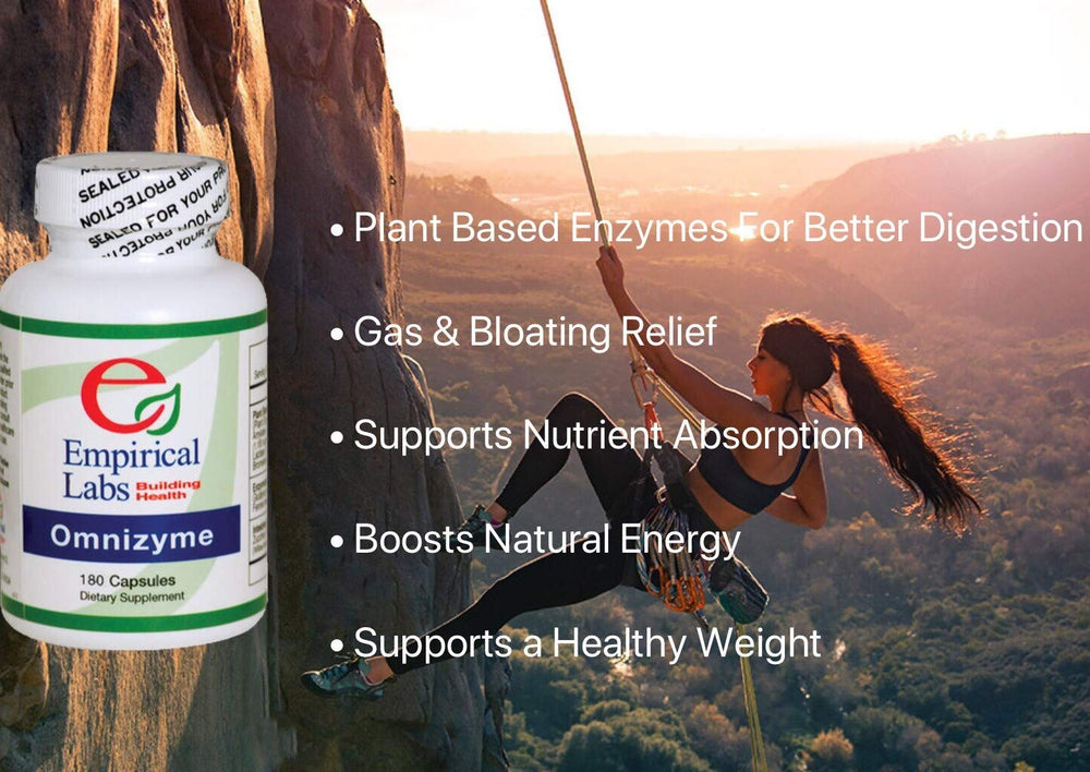 Omnizyme supplement facts label showing enzymes and servings