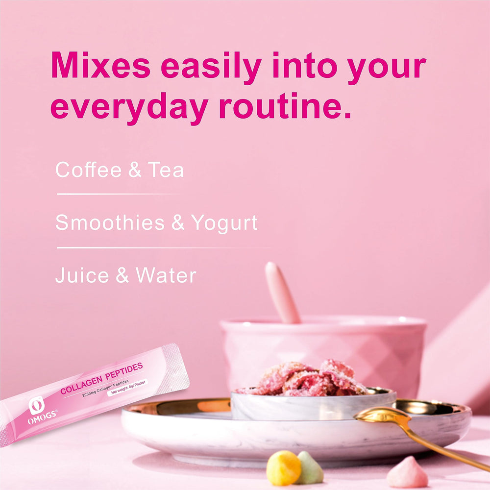 OMOGS collagen powder ingredients panel with prebiotics and cranberry extract.