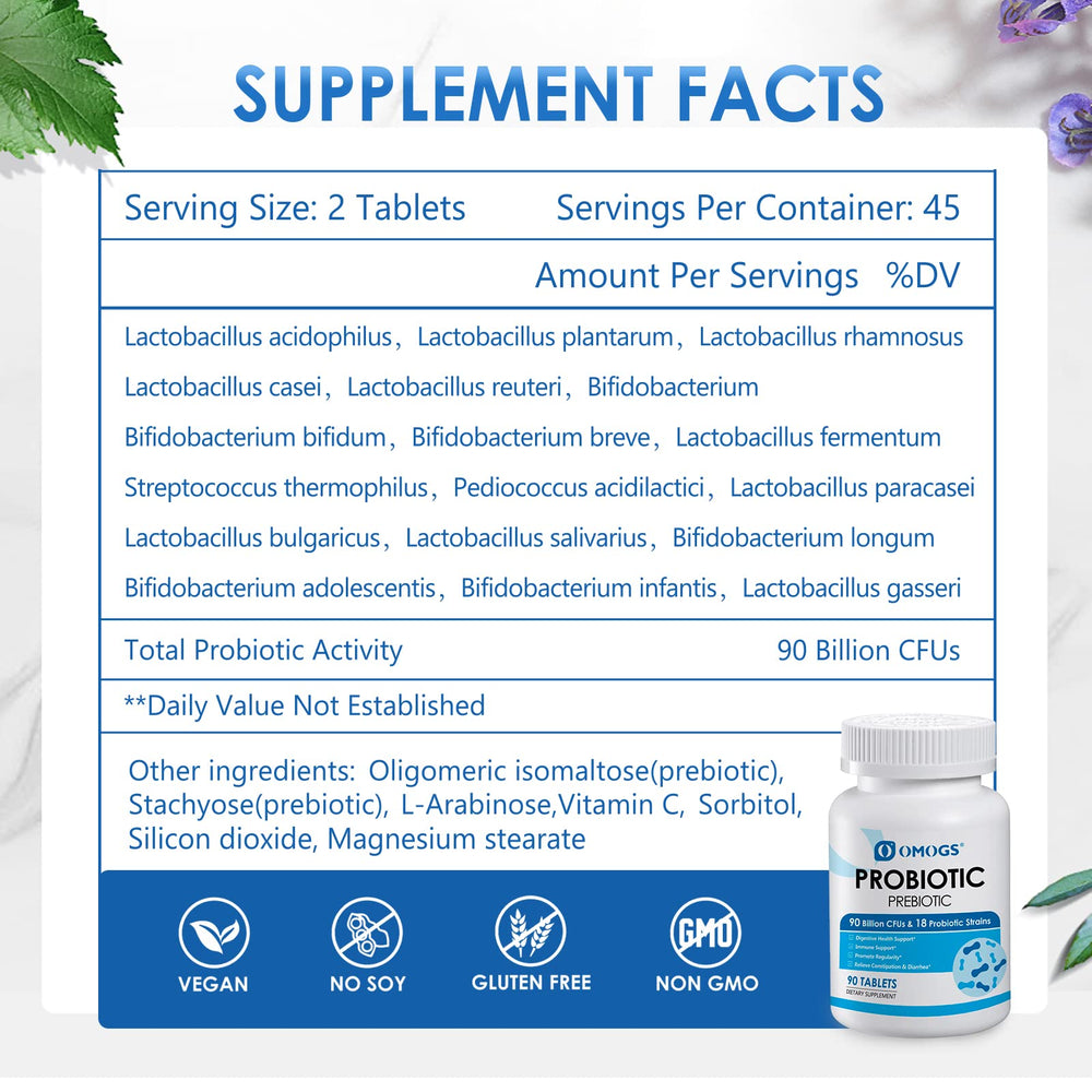 Graphic showing 18 probiotic strains with 3 organic prebiotics
