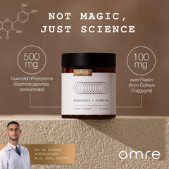 Close-up of OMRE Quercetin and Fisetin supplement pills