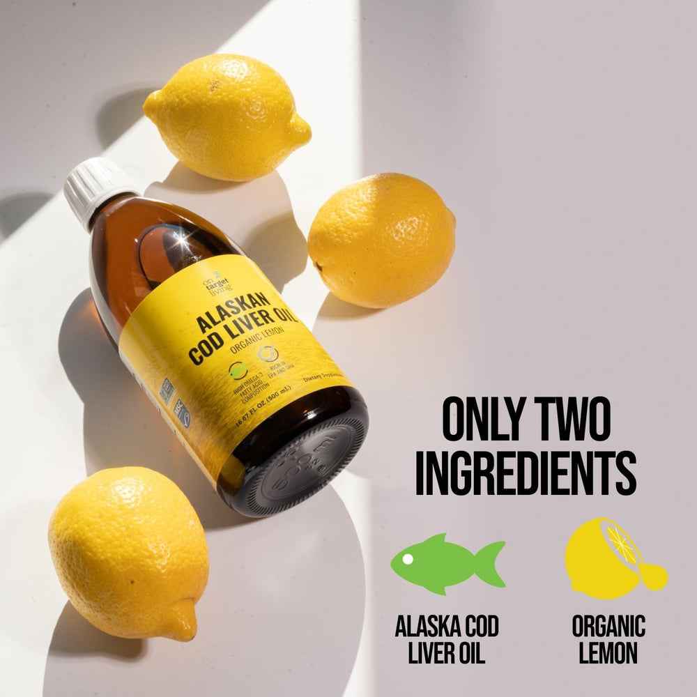 Lemon-flavored cod liver oil bottle on a white background