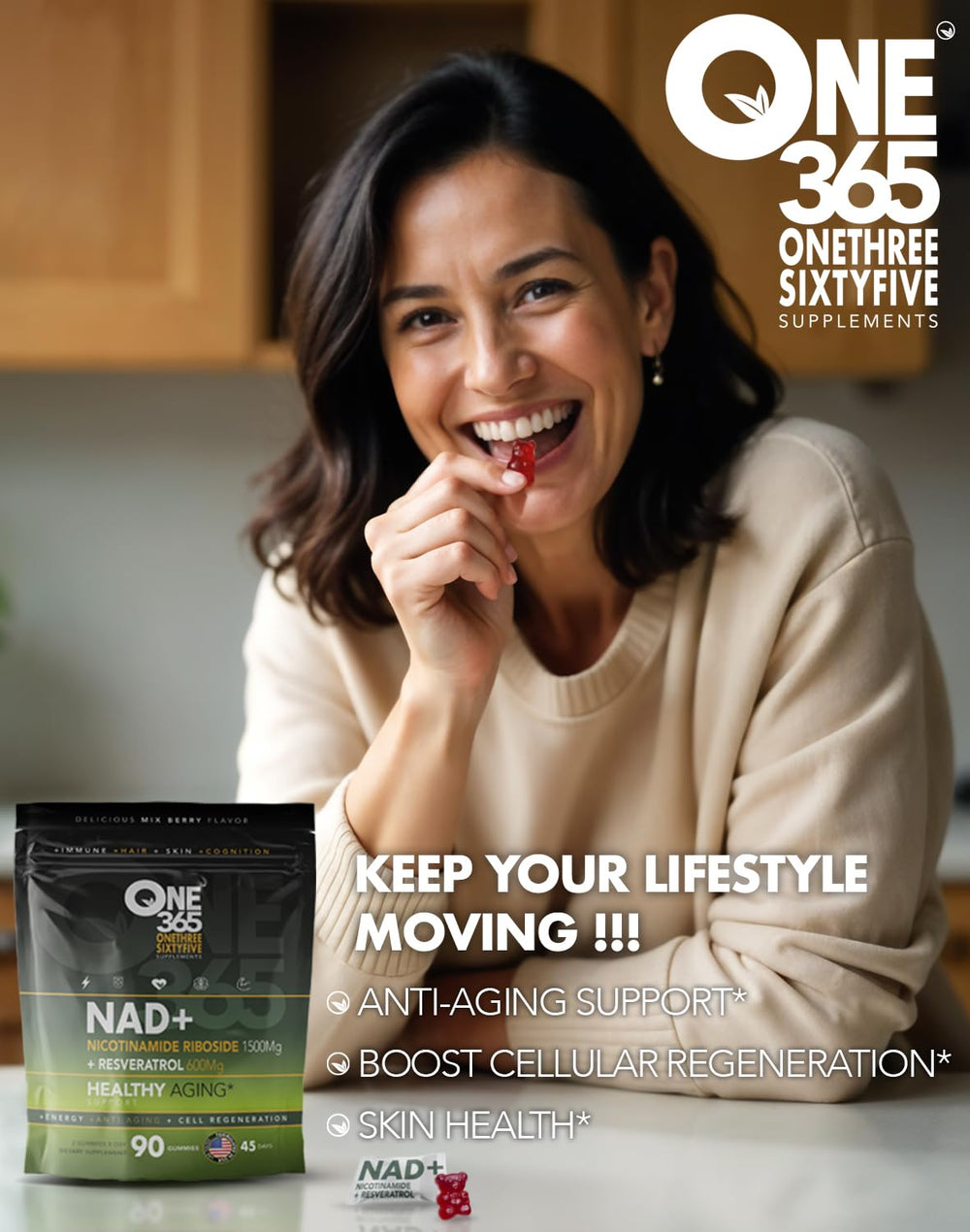 ONE 365 NAD+ Gummies bottle label with nutrition facts
