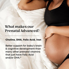ONE A DAY Prenatal Advanced label details choline DHA folic acid and iron for fetal development