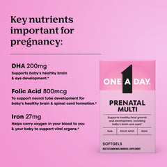 ONE A DAY Prenatal bottle label close-up showing folic acid and iron benefits