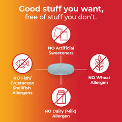 Allergen-free label: free from wheat and dairy with no artificial flavors or sweeteners