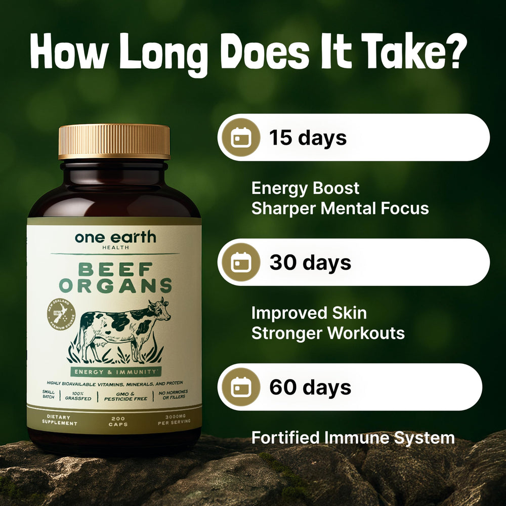 One Earth Health five-organs blend capsule close-up for nose-to-tail nutrition.