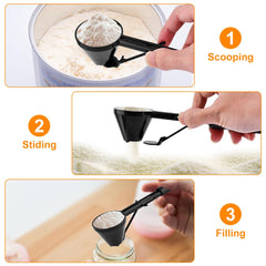 One-handed operation converting scoop to funnel for fast filling