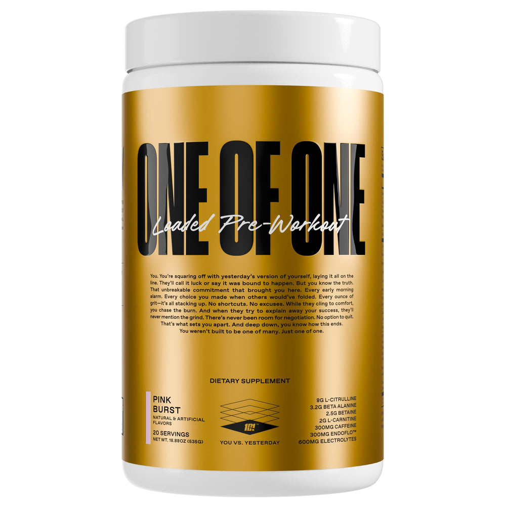 ONE OF ONE Loaded Pre-Workout Pink Burst bottle shows energy for workouts.