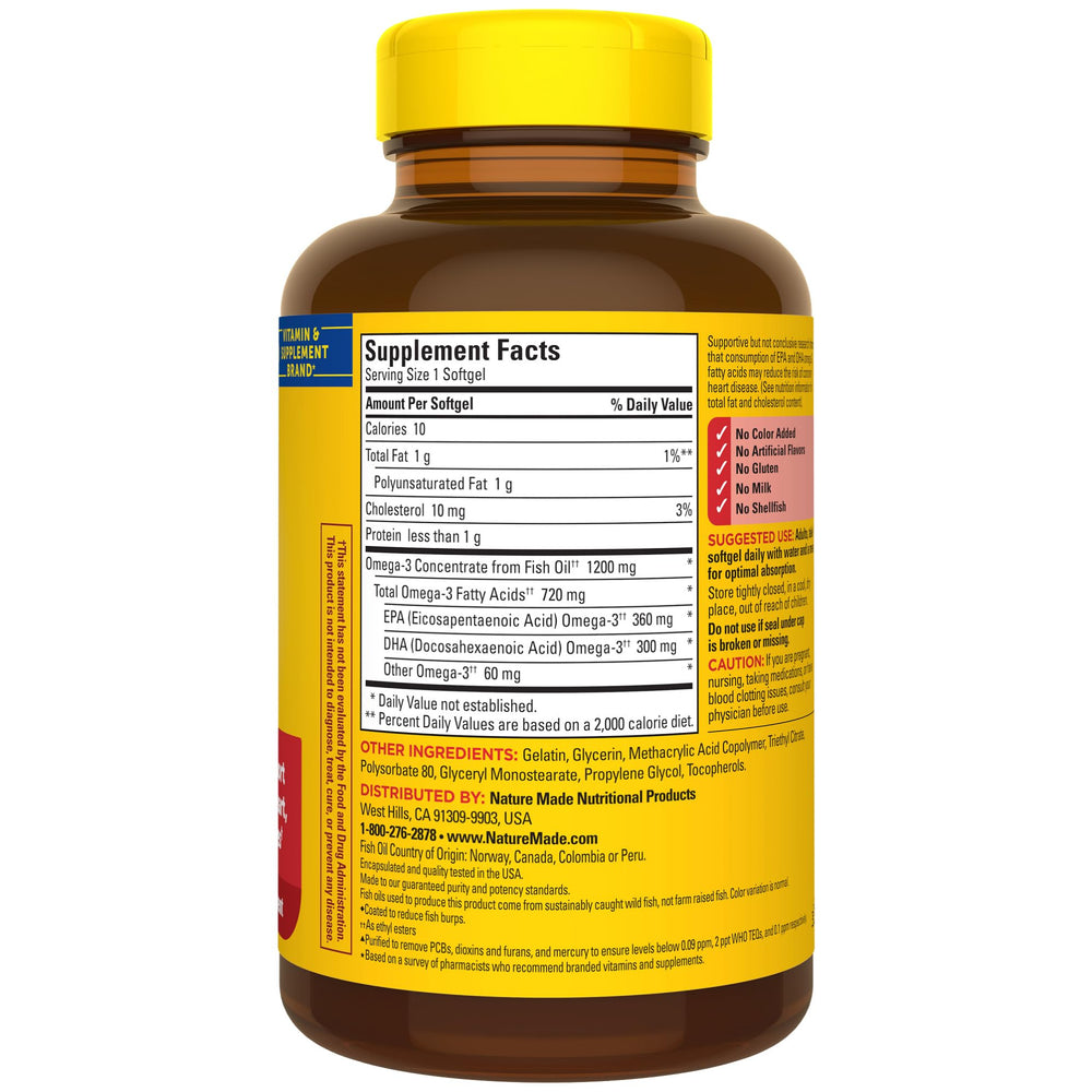 One-per-day omega-3 fish oil softgel bottle for adults