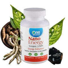 Front view of One Planet Nano Energy 500 mg veggie capsules bottle