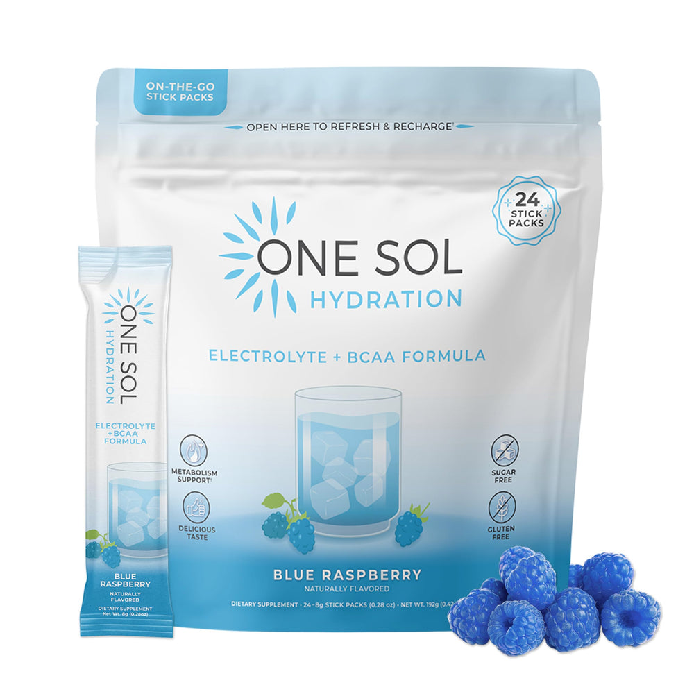 One Sol BCAA Electrolyte powder tub packaging supports on-the-go hydration