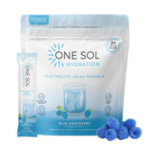 Front of One Sol BCAA & Electrolyte Powder container in Natural Blue Raspberry