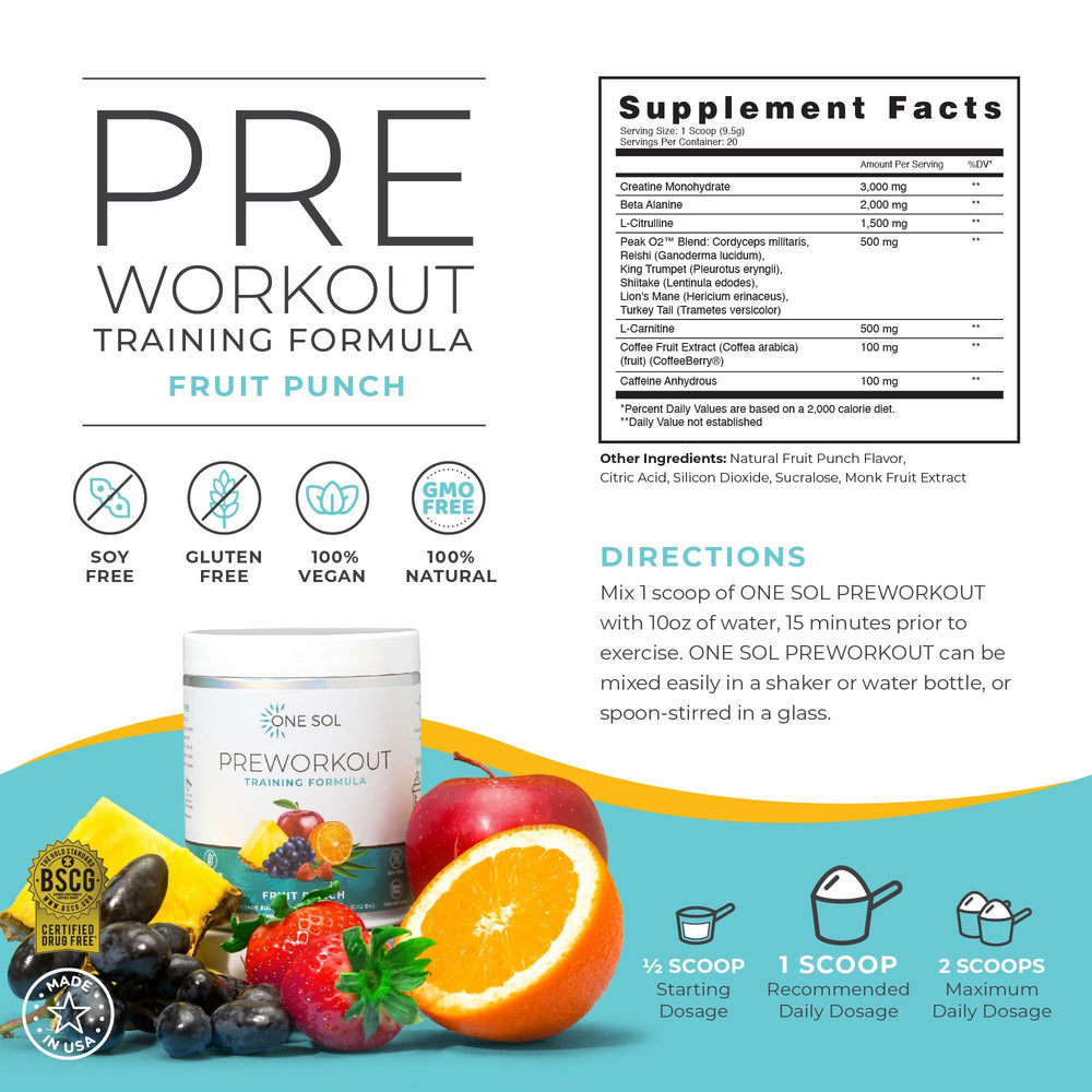 One Sol Fruit Punch Tub showcases a flavorful pre-workout that fuels focus.