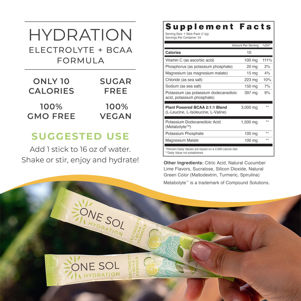 One Sol Hydration opened stick pack reveals single-serve cucumber lime mix for quick hydration.
