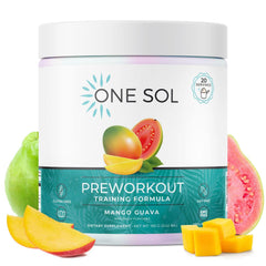 One Sol pre-workout women mango guava label highlighting natural ingredients and clean energy.