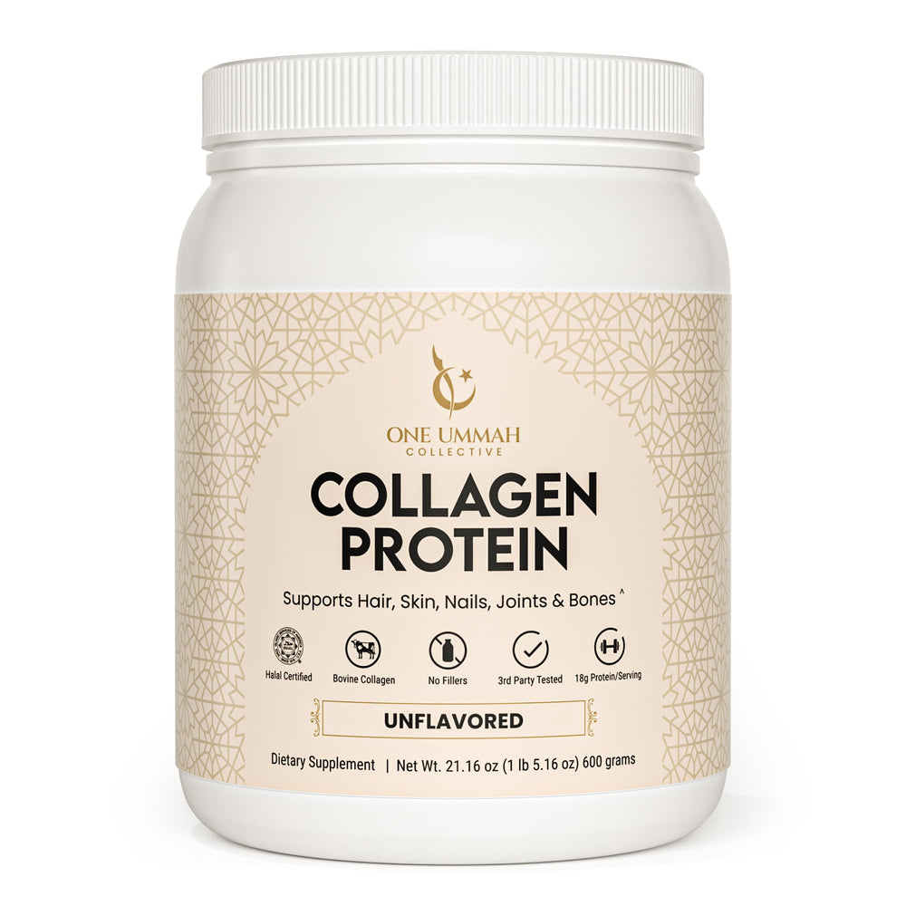 One Ummah Halal-Certified Collagen Peptides powder canister, unflavored