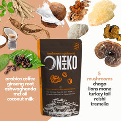 Close-up of the five-mushroom blend used in Oniiko: Lion’s Mane, Chaga, Reishi, Tremella, and Turkey Tail.