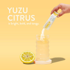 Only Hydration Yuzu electrolyte packets close-up highlights real fruit ingredients for natural flavor.