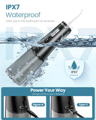 Package contents: flosser, 5 tips, manual, charging cable