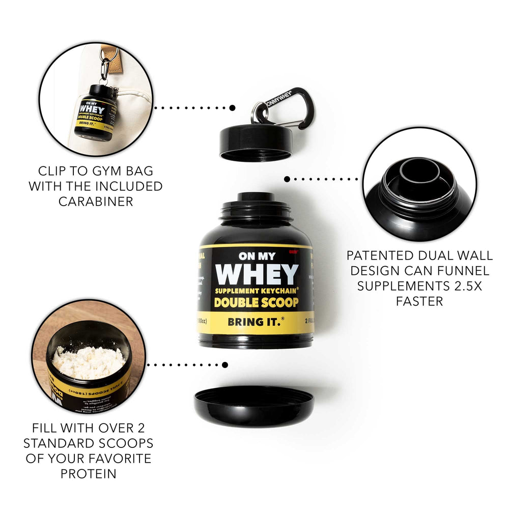 ONMYWHEY Dual screw cap offers secure, leak-proof travel.