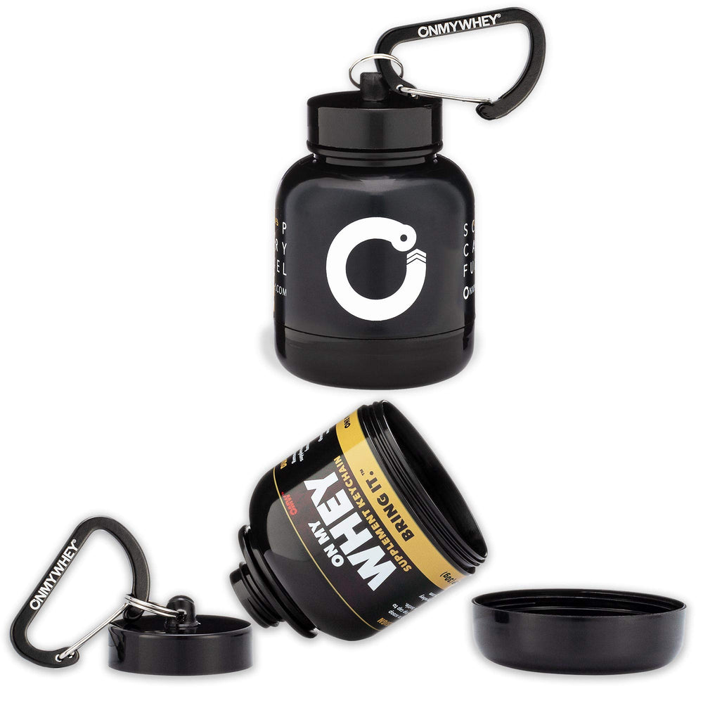 Front view of OnMyWhey 2-pack keychain protein powder funnel