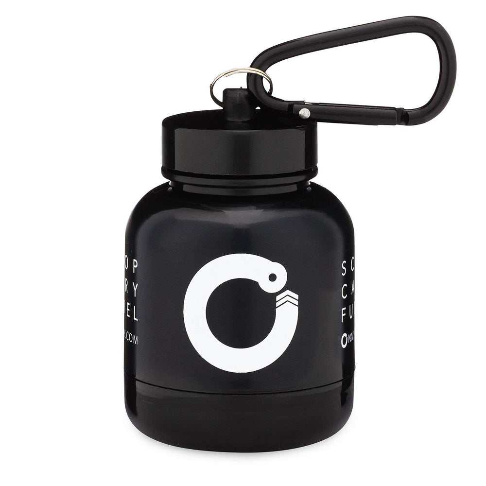 Side view of OnMyWhey 2-pack keychain with clip