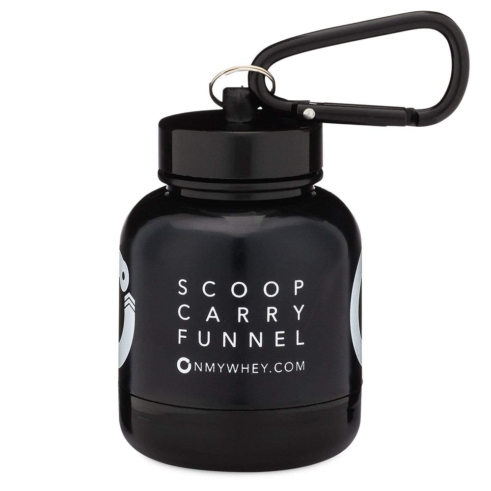 Close-up of dual screw cap on OnMyWhey keychain