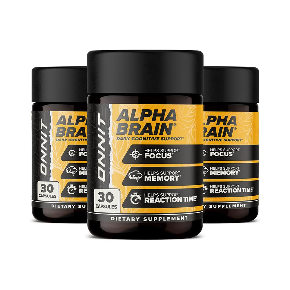 Front view of ONNIT Alpha Brain 3-pack with 90 capsules