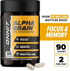 ONNIT Alpha Brain bottle beside packaging and glass of water