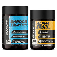 ONNIT Alpha Brain bottle close-up signaling memory and focus support for study sessions.