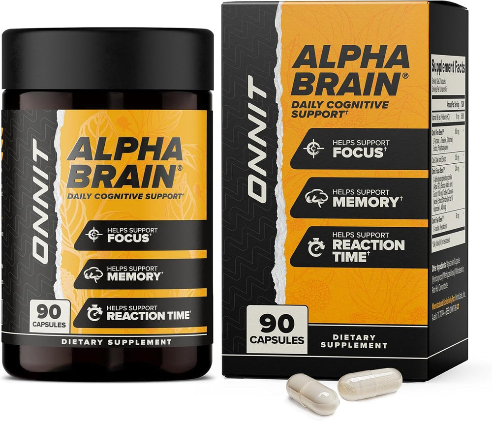 ONNIT Alpha Brain bottle front showing caffeine-free focus support for study sessions