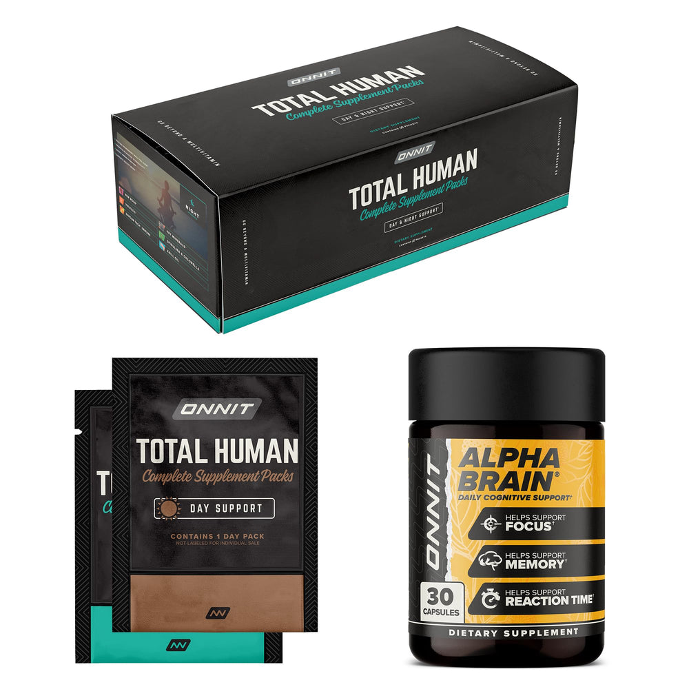 ONNIT Alpha Brain bundle with 30-count bottle and Total Human 30-day packs