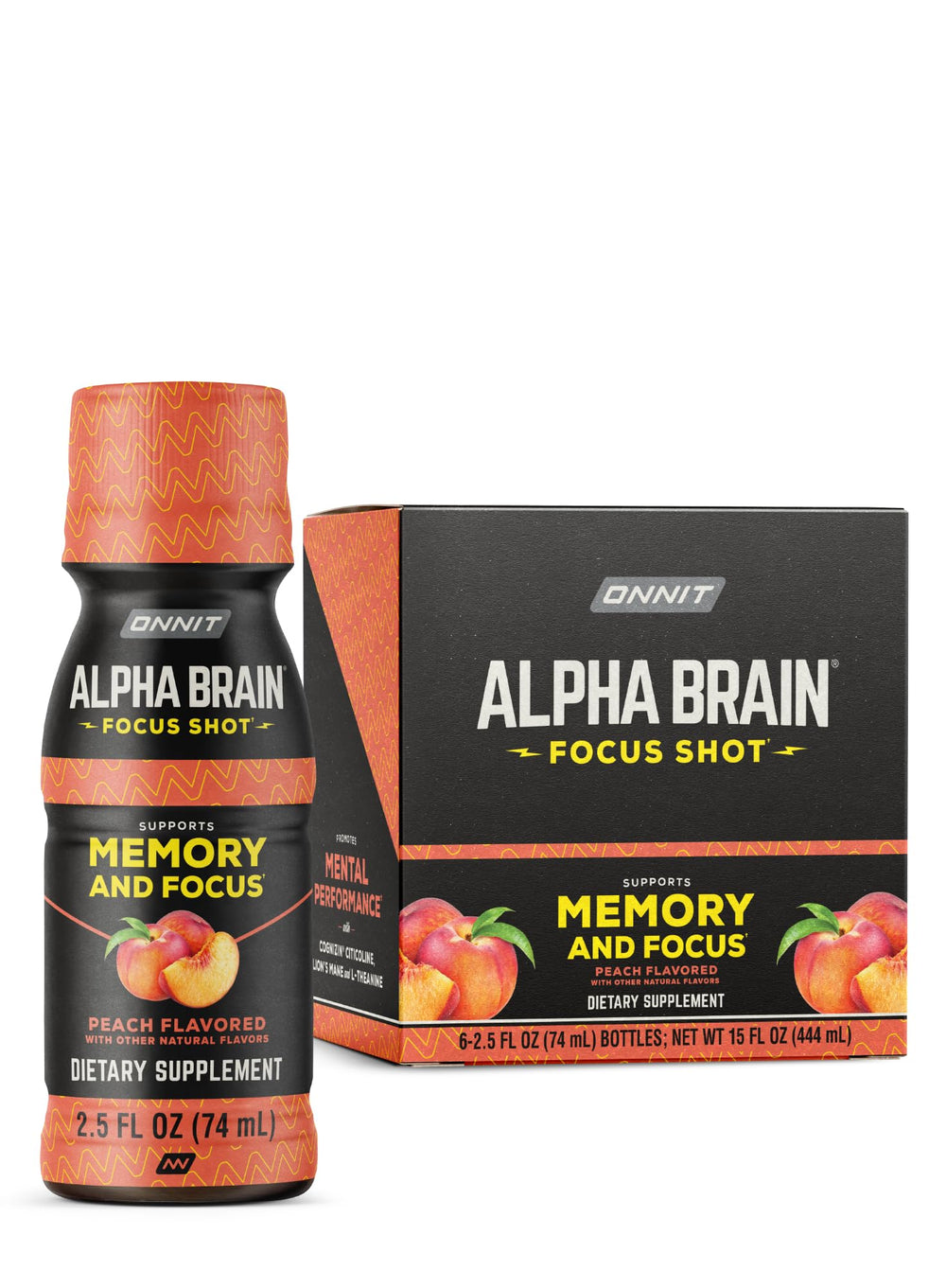 ONNIT Alpha Brain Peach bottle ready-to-drink for enhanced focus and mood