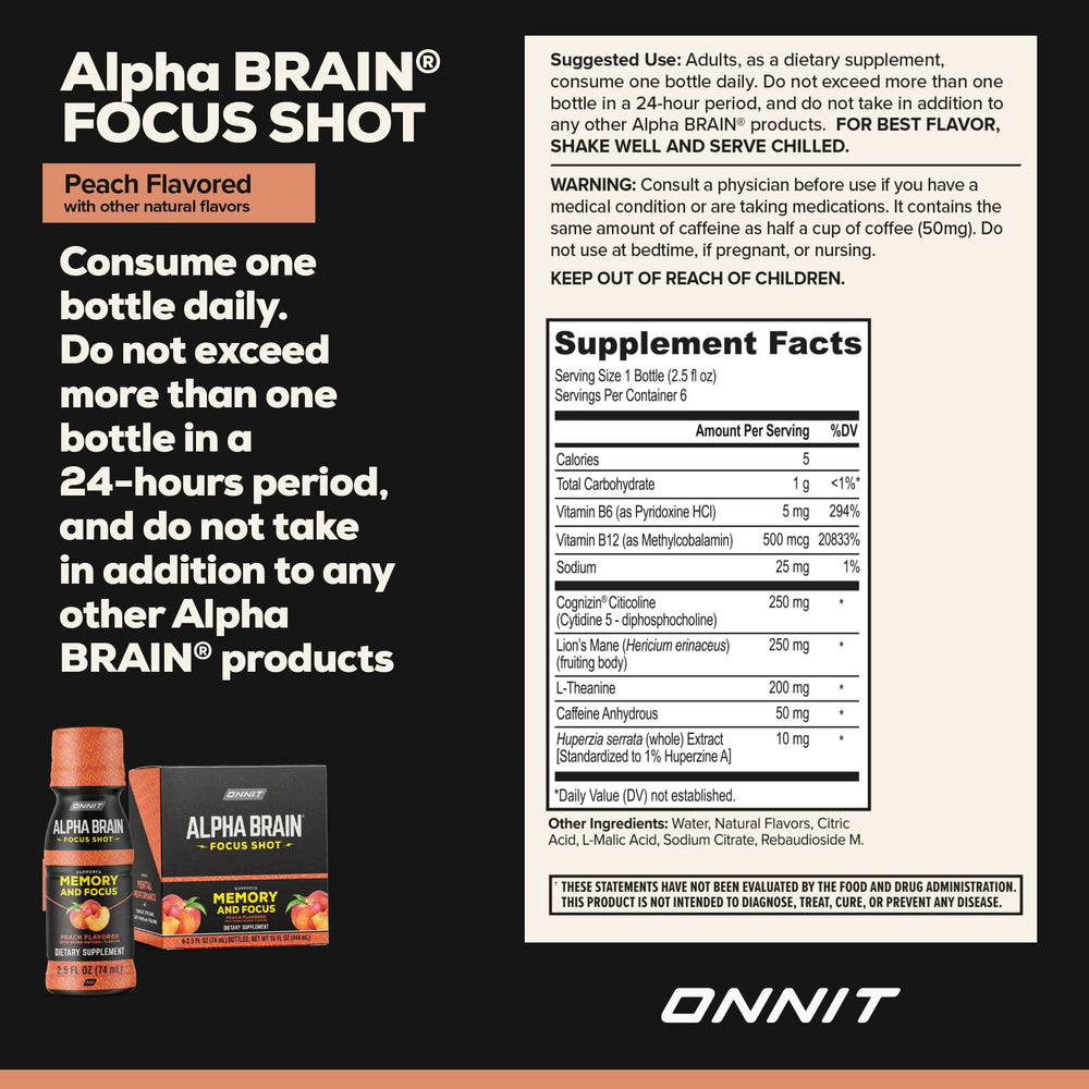 ONNIT Alpha Brain Peach ingredients panel highlights non-GMO, gluten-free, sugar-free formula