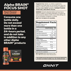ONNIT Alpha Brain Peach ingredients panel highlights non-GMO, gluten-free, sugar-free formula