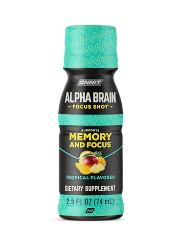 ONNIT Alpha Brain Focus Shot tropical bottle open showing ready-to-drink format.