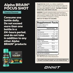 ONNIT Alpha Brain Focus Shot tropical glass pour highlights refreshing tropical flavor.