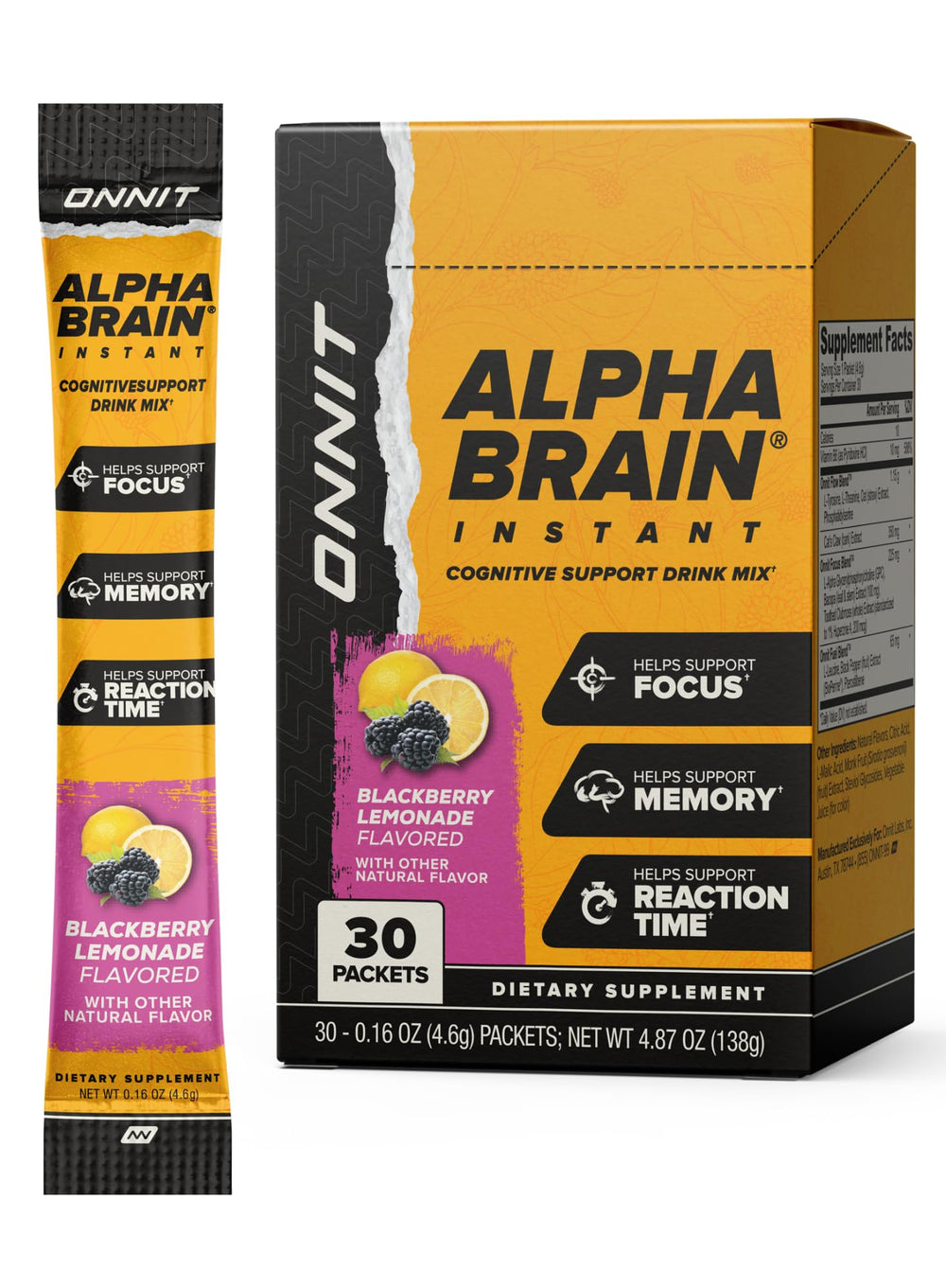 Front view of ONNIT Alpha BRAIN Instant Blackberry Lemonade drink mix packets