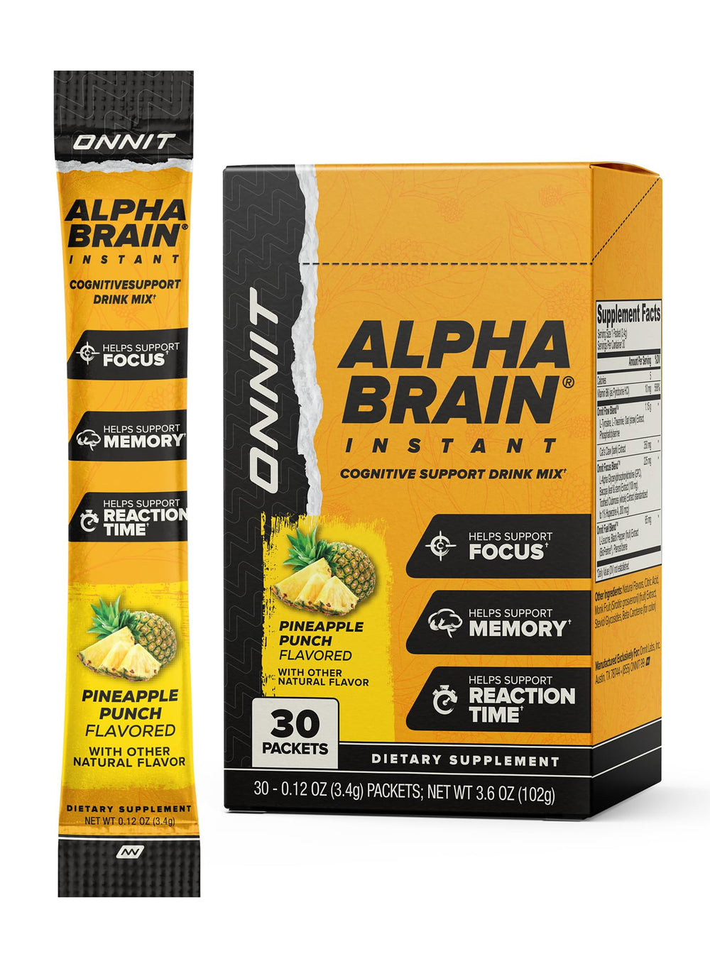 Front packaging of ONNIT Alpha Brain Instant Pineapple Punch
