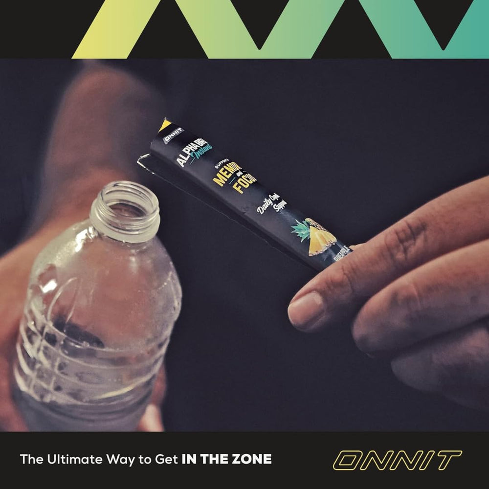Lifestyle shot of ONNIT Alpha Brain Instant Pineapple Punch in use