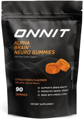 Front view of ONNIT Alpha Brain Neuro Gummies Citrus Punch bottle