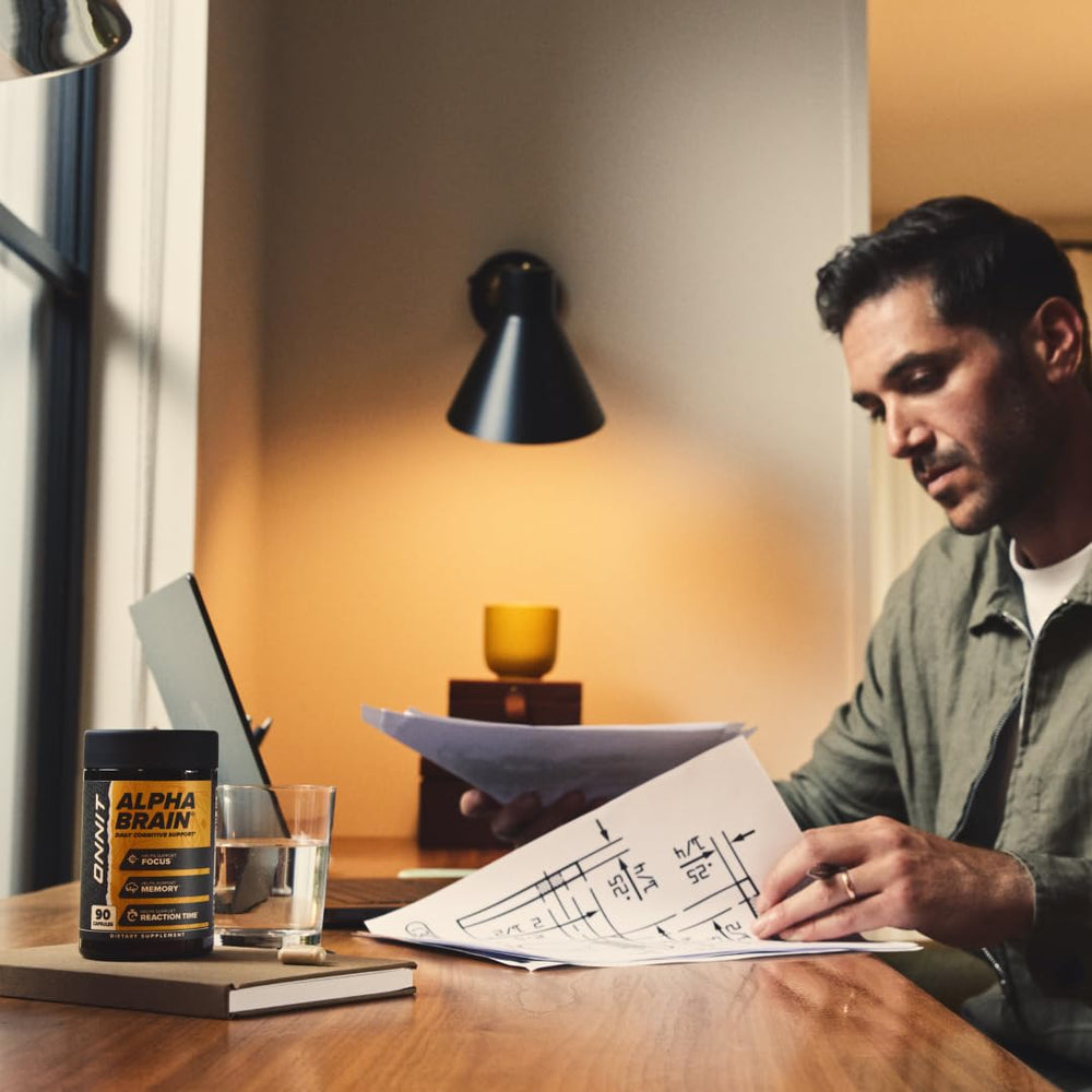 ONNIT Alpha Brain on study desk scene during studying sessions