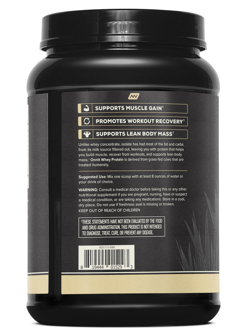 ONNIT Grass Fed Whey Isolate Vanilla pour showcases a quick-digesting post-workout shake.