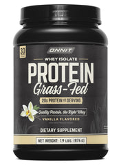 ONNIT Grass Fed Whey Isolate Vanilla tub highlights high-protein nutrition for athletes.