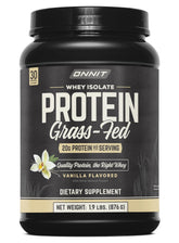 ONNIT Grass Fed Whey Isolate Vanilla tub highlights high-protein nutrition for athletes.